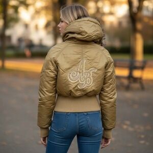 Vintage Apple Bottoms Womens Tan Fur Hooded Bomber Jacket Embroidered Size L NEW